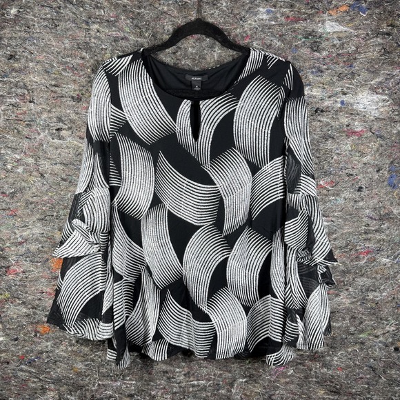 Alfani‎ Blouse Womens Medium Black White Sheer Ruffle Sleeve Geometric Top - Picture 1 of 14